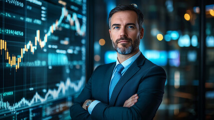 Fototapeta premium Businessman with arms crossed in front of a stock market graph modern portrait investment background analysis