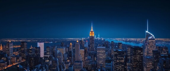 Cityscape on dark blue background with bright glowing neon. 