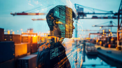 Double exposure Businessman employs machine learning algorithms to predict potential disruptions in the supply chain.
