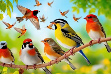 Fototapeta premium Vibrant Birds Singing in Lively Nature Scene