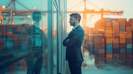 Fototapeta premium Double exposure Businessman implements RFID technology for precise tracking and inventory management of international shipments.