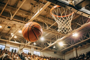 A basketball makes a perfect shot through the hoop during a competitive game in an indoor arena filled with enthusiastic fans