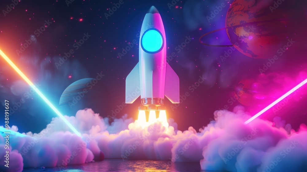 Poster rocket taking off with neon lights background, 3d rendering ai generated image