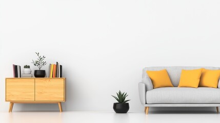 Minimalist Living Room Interior Design with White Wall and Grey Sofa