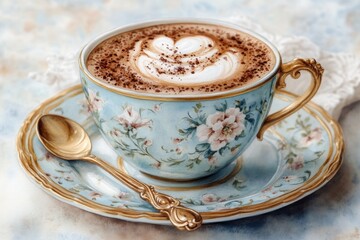 Fototapeta premium Watercolor painting of steaming cappuccino with latte art in blue floral cup and saucer