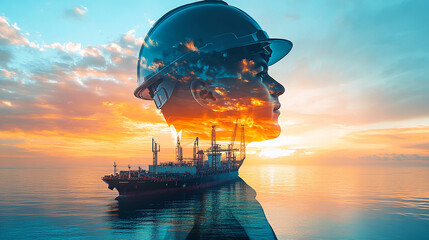 Obraz premium Double exposure Engineer hardhat collaborates with global partners to develop sustainable shipping solutions.