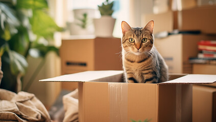 A tabby cat sits inside an open cardboard box surrounded by other boxes and plants