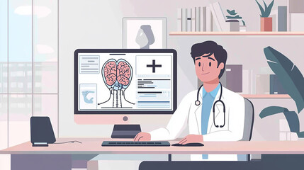 Doctor use computer AI technology support for telemedicine services, enabling high-quality healthcare delivery to patients in remote or underserved areas efficiently.