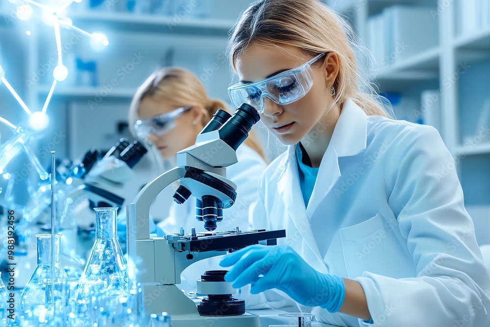 Poster A team of scientists working with advanced microscopes, symbolizing cutting-edge research technology in laboratories