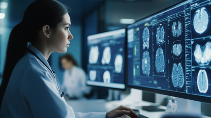 Doctor use computer AI technology support in reducing medical errors, providing alerts, and reminders for critical patient care tasks, ensuring high safety standards.