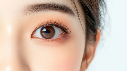 Fototapeta premium Close-up of a beautiful brown eye with long eyelashes on a white isolated background.