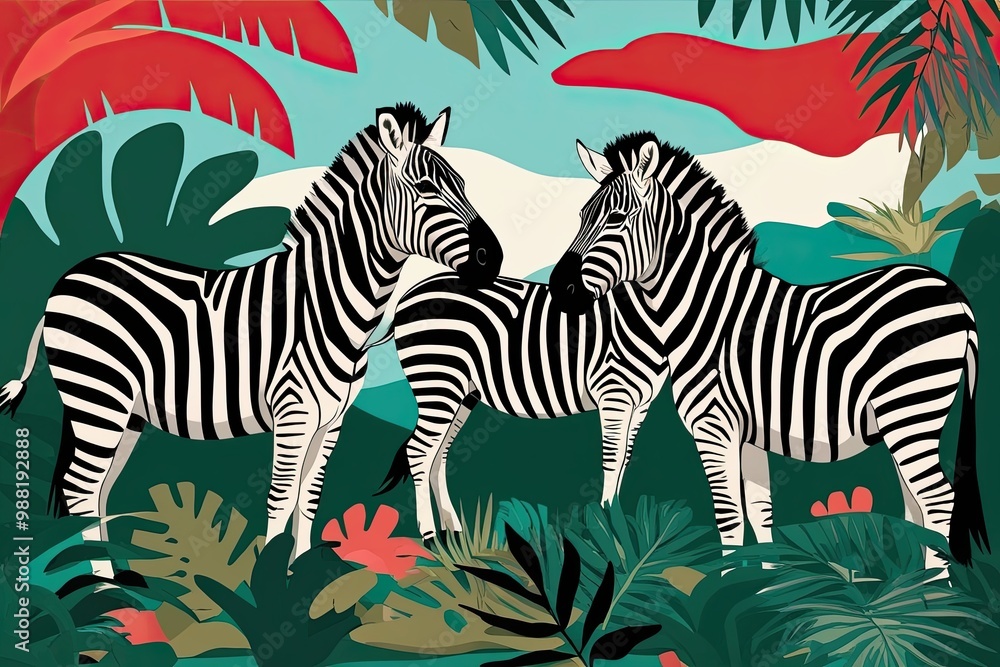 Poster abstract zebra art in surreal block print style featuring vibrant jungle themes