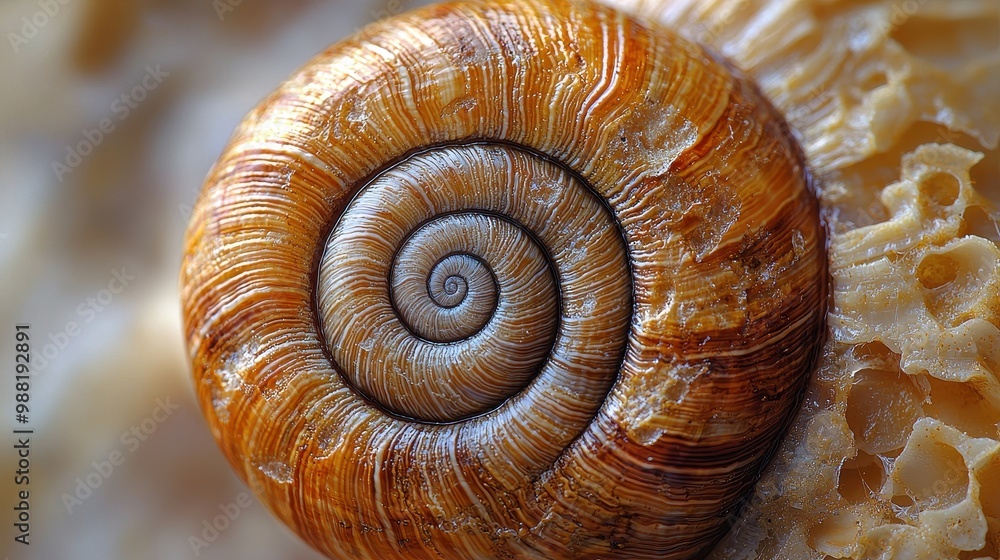 Poster macro closeup of snail shell with spiral pattern and texture