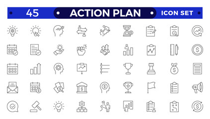 Action plan outline icon set. Containing planning, schedule, strategy, analysis, tasks, goal, collaboration, startup, steps, target and objective icons. Outline icon collection.