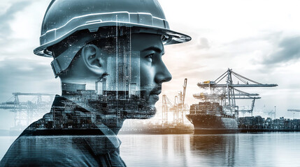 Double exposure Engineer hardhat ensures the use of machine learning for enhanced customs clearance processes.