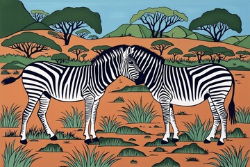 Fototapeta premium Bold Block Print Artwork Showcasing Wild Zebras Interacting in Their Natural Habitat
