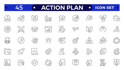 Action plan outline icon set. Containing planning, schedule, strategy, analysis, tasks, goal, collaboration, startup, steps, target and objective icons. Outline icon collection.