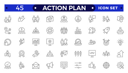 Action plan outline icon set. Containing planning, schedule, strategy, analysis, tasks, goal, collaboration, startup, steps, target and objective icons. Outline icon collection.