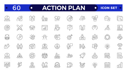 Action plan outline icon set. Containing planning, schedule, strategy, analysis, tasks, goal, collaboration, startup, steps, target and objective icons. Outline icon collection.