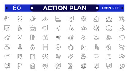 Action plan outline icon set. Containing planning, schedule, strategy, analysis, tasks, goal, collaboration, startup, steps, target and objective icons. Outline icon collection.