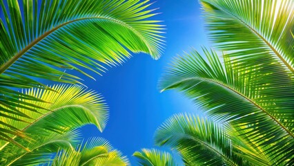 Fototapeta premium Vibrant green palm leaves against a clear blue sky, tropical, exotic, nature, foliage, lush, vibrant