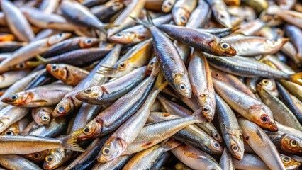 Obraz premium Heap of small Mediterranean fish at market anchovy, anchovies, fish, market, seafood, Mediterranean, pile, heap, fresh, food