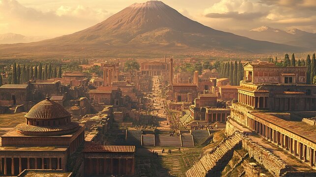 The sprawling ancient city of Pompeii, with Mount Vesuvius in the background