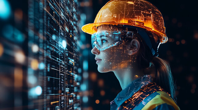 Double exposure Engineer hardhat integrates cloud-based platforms for global coordination of supply chain activities.