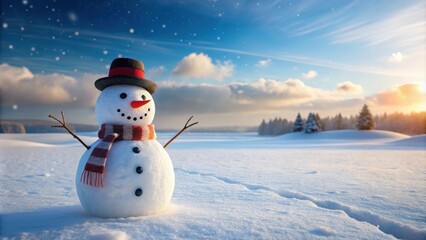 Snowman standing in a snowy field , winter, Christmas, cold, holiday, white, hat, carrot nose, scarf, frosty, cute