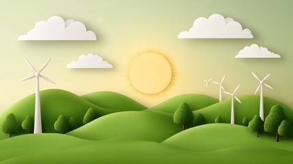 Wind turbines in a green landscape with sun