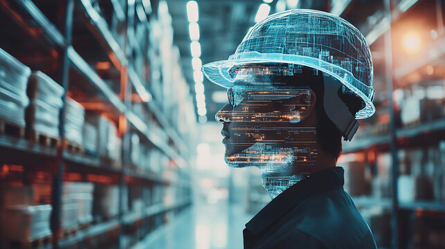 Double exposure Engineer hardhat oversees the implementation of automated warehousing systems for international logistics.