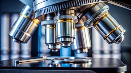 Close-up shot of microscope with metal lens, microscope, close-up, scientific research, laboratory, magnification, metal