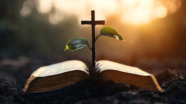 Open Bible with a sprouting plant and a cross, symbolizing faith and new beginnings.