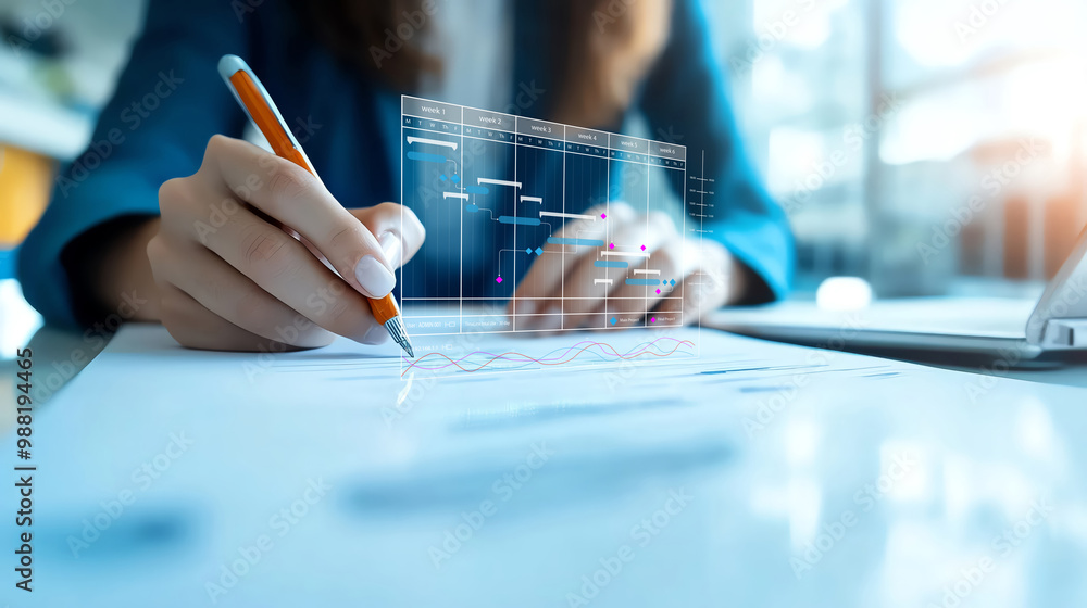 Poster professional writing and planning with digital interface for project management.
