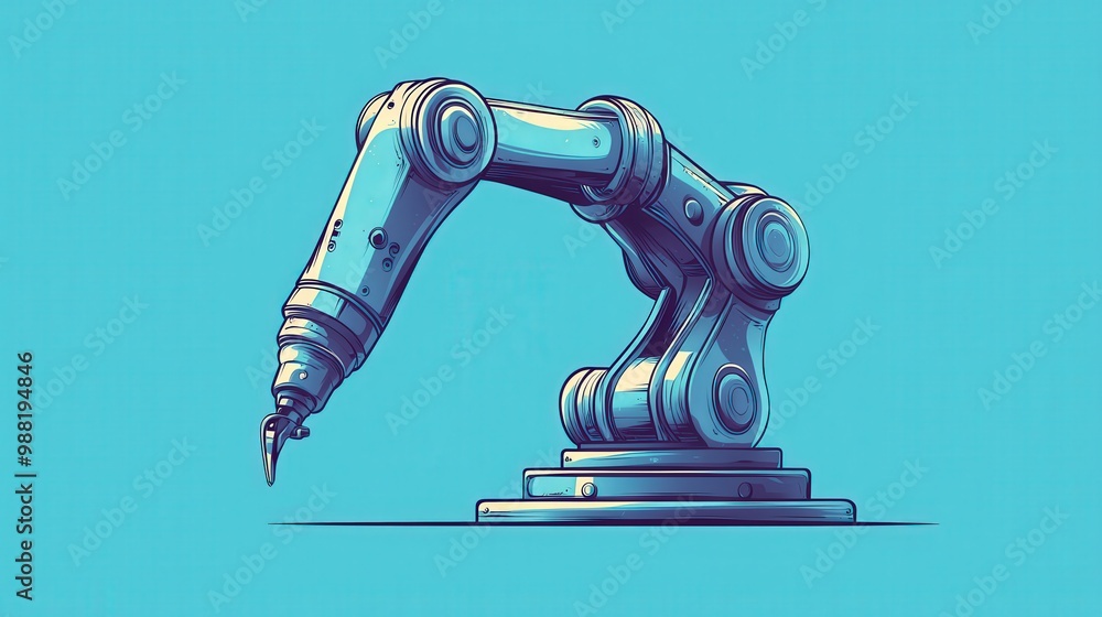 Poster modern industrial robot manipulator in sketch style on blue background for automation design