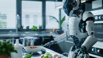 Fototapeta premium Futuristic robot cooking in smart home kitchen AI generated image