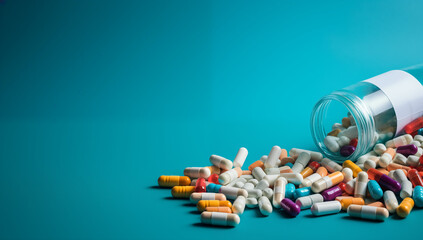 A glass jar with a blank label is tipped over, spilling colorful pills onto a teal surface