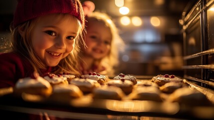 Children are happy in front of the baking oven.