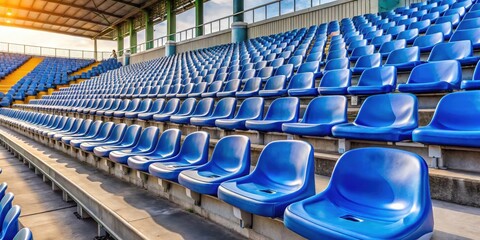 Fototapeta premium Empty plastic stadium seats with no fans , sports, stadium, empty, seats, plastic, arena, rows, social distancing