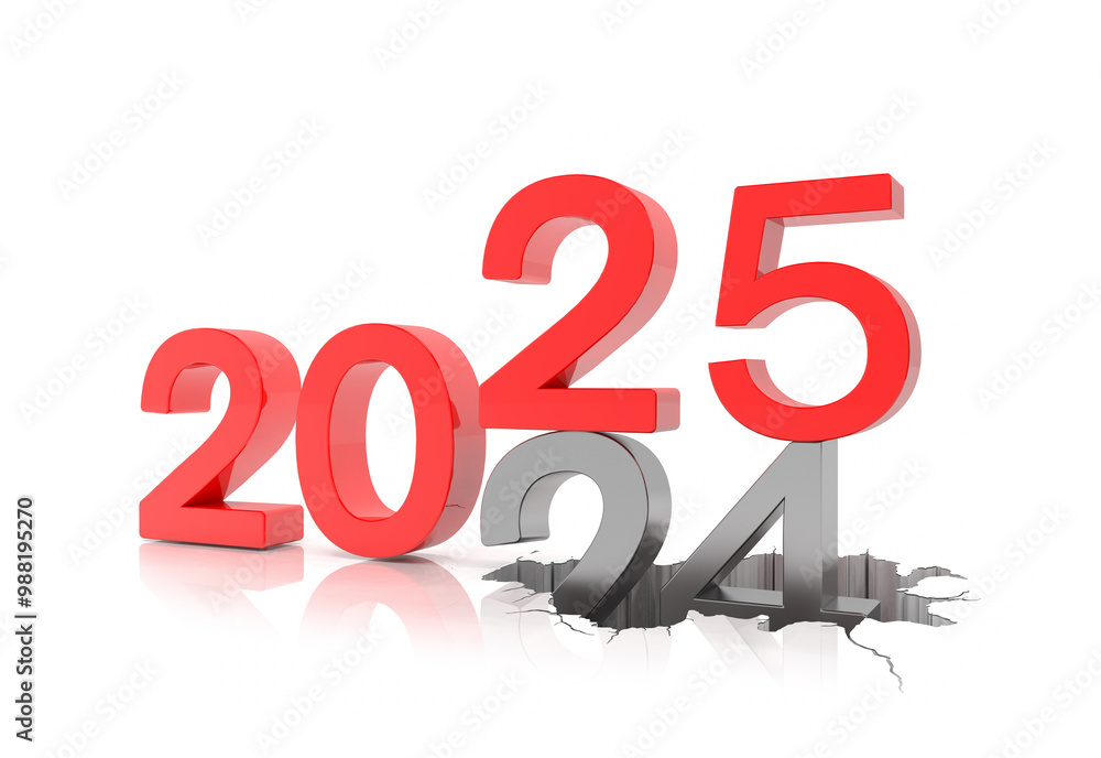 Aufkleber 3d render of the numbers 2025 and 24 in red and silver color over white reflecting background. the n