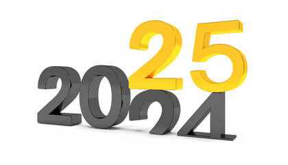 3d render of the numbers 2025 and 24 in black and gold over white background. The number 25 falls on the number 24 and breaks in it in the ground. - Vacation concept.