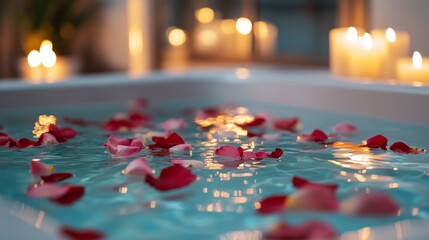 luxury spa bath with rose petals floating