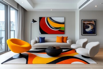 A modern living room with bold artwork, a statement rug, and contemporary furniture