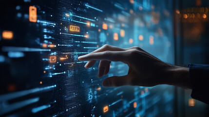 Hand touch visual screen to access AI-driven recruitment tools for HR analytics.