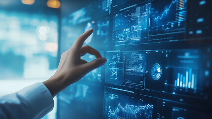 Hand touch visual screen to access AI-driven recruitment tools for HR analytics.