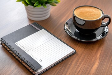 A morning routine setup with a notebook, planner, and coffee, setting intentions for a productive day
