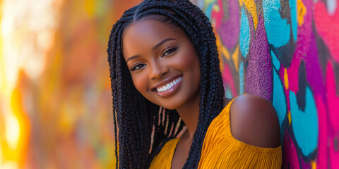 Portrait of a beautiful Black woman with long braids, generative AI