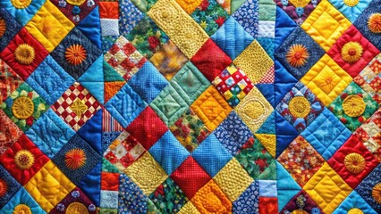 Fototapeta premium Vibrant handmade quilt featuring red, blue, and yellow patches showcasing talented craftsmanship, quilt, handmade, vibrant