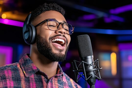 A podcast host speaking into a microphone, communicating with an audience through digital audio platforms