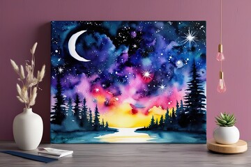 Radiant Watercolor Artwork of a Celestial Twilight Landscape